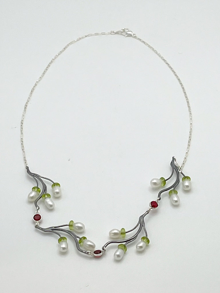 Branch Necklace With Pearls And Peridot By Ellen Vontillius