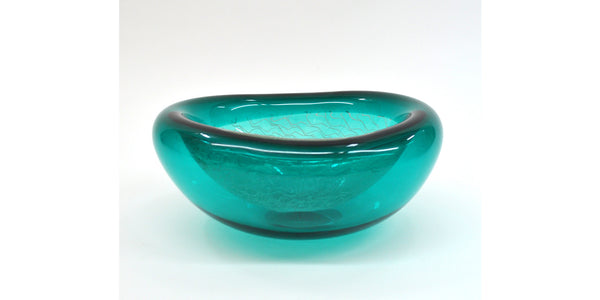 Hand Blown Green Glass Bowl with Inner White Wavy Line Design